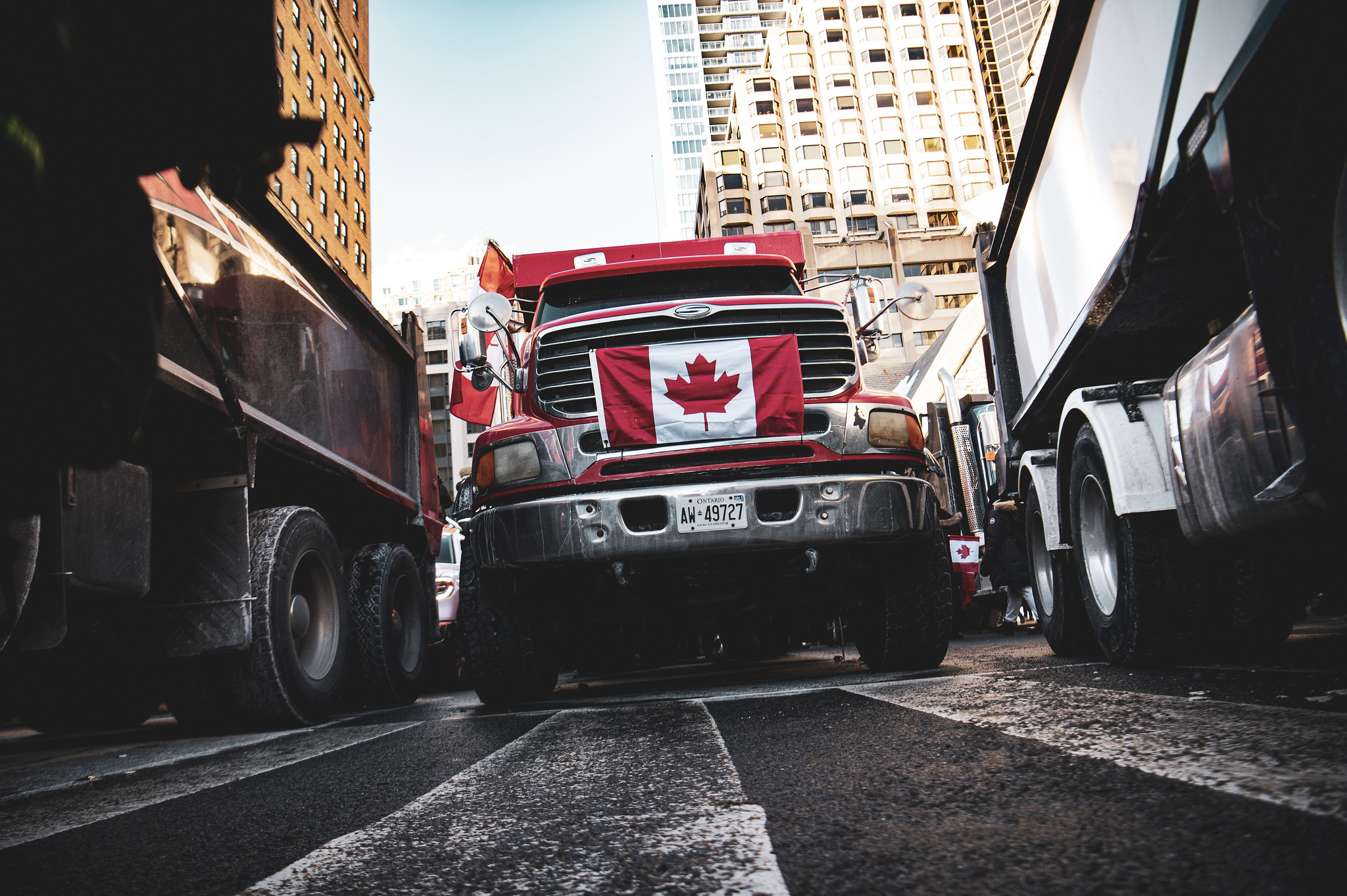 Trucks blocked the intersection at University Avenue and Bloor Street Saturday, Feb. 5.